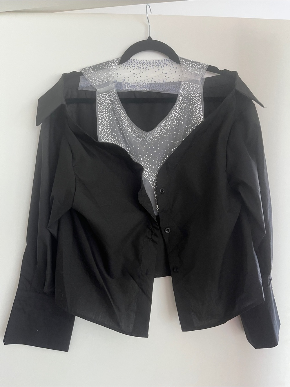 Black Button-Down Women's Shirt with Sparkle Mesh Inset